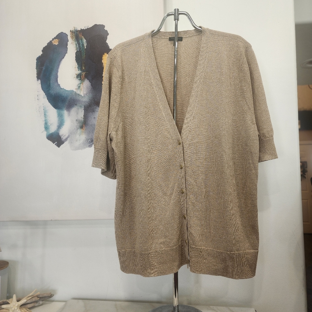 [ TALBOTS] womens XL, short sleeve,  tan w/ gold shimmer button up cardigan.🤩